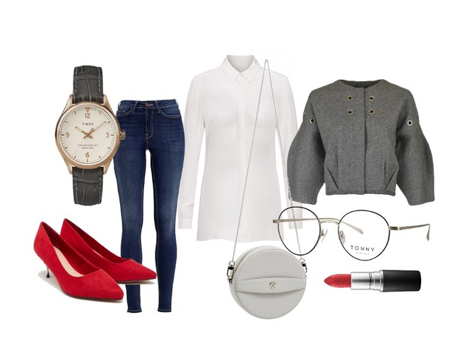 STYLIZACJE do biura na jesień 2018: Biała, jedwabna koszula, Patrizia Aryton, 699 zł; Dżinsy, Cellbes.pl, 189 zł; Szara bomberka, Love Republic, 199 zł; Okrągła torebka, Patrizia Aryton, 349 zł; Okrągłe oprawy korekcyjne, Tonny Eyewear, 329 zł; Zegarek na skórzanym pasku, 450 zł; Czerwone szpilki, Sfera, 109,99 zł; Szminka, MAC Cosmetics, 86 zł.