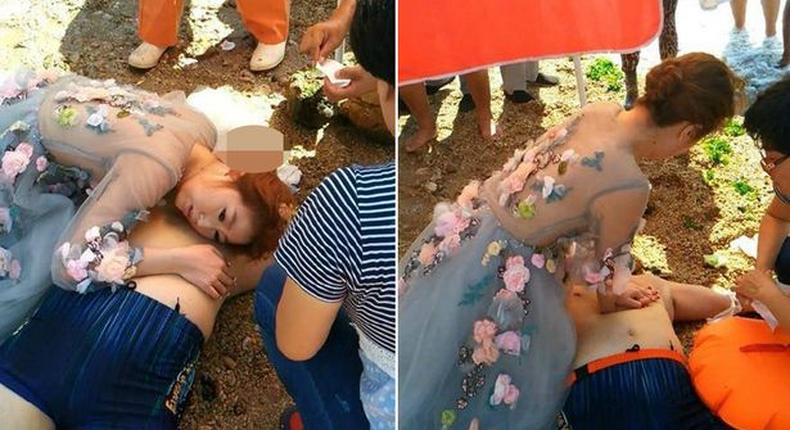 The bride, Guo Yuanyuan was having her photos taken near a seaside resort when a man suffered a heart attack while swimming