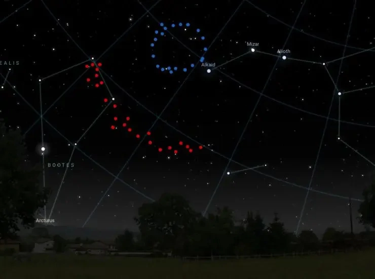 Wielki Pierścień (zanzaczony na niebiesko) i Wielki Łuk (kolor czerwony) widoczne na nocnym niebie