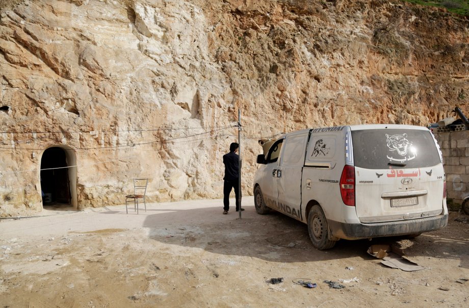 A vehicle transformed into an ambulance is seen parked outside a field hospital, which was set inside a cave in al-Latamna town, to protect from airstrikes which often target Hospitals. Still, bunker-busting bombs have been used to destroy these hospitals.