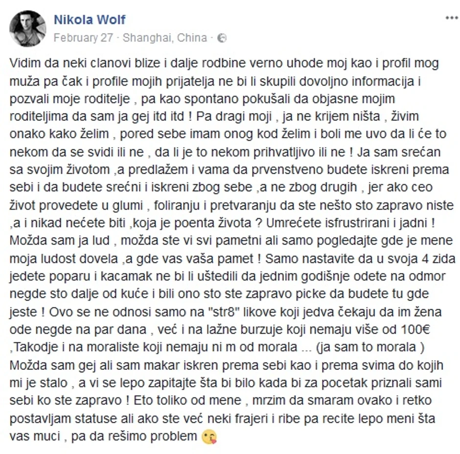 Nikolina objava na fejsbuku