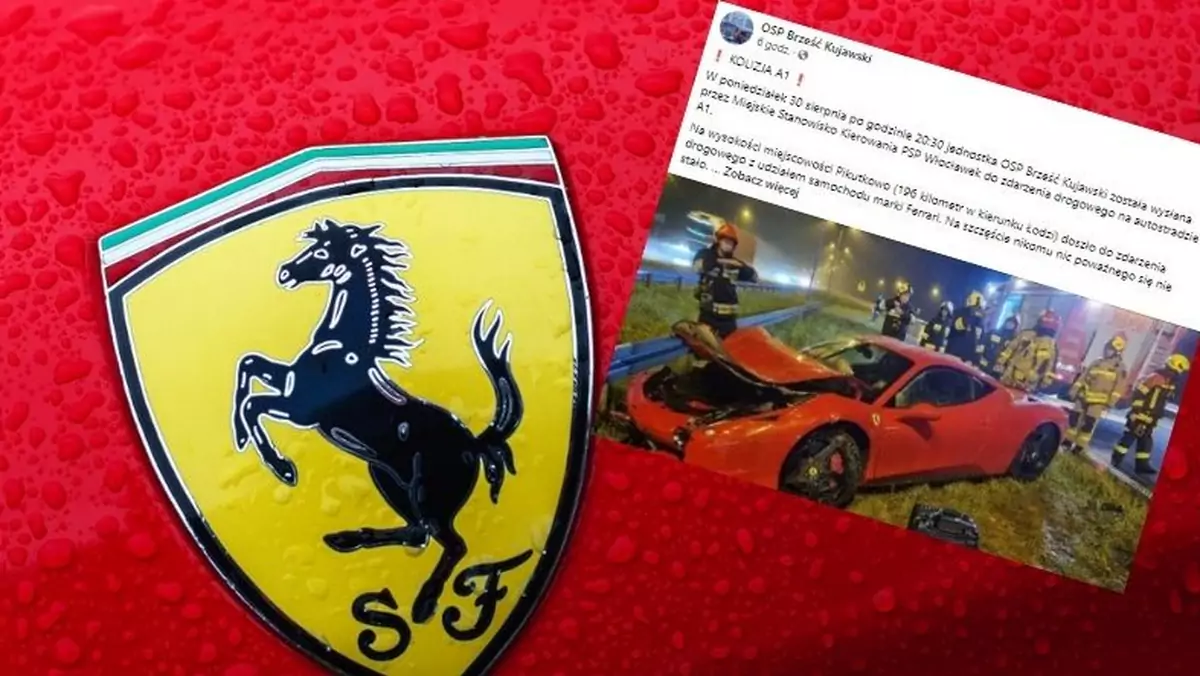 Nadmierna prędkość była przyczyną wypadku Ferrari pod Włocławkiem (fot. Facebook.com/OSP-Brześć-Kujawski)