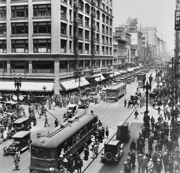 Korek w Los Angeles, gdzie miejska sieć tramwajów Pacific Electric została zlikwidowana w 1961 r.