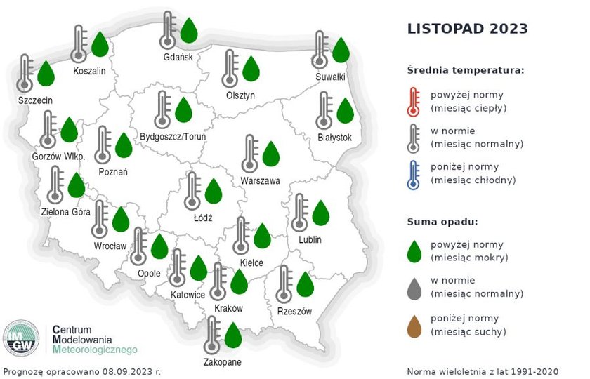 Prognoza średniej miesięcznej temperatury powietrza i miesięcznej sumy opadów atmosferycznych na listopad 2023 r. dla wybranych miast w Polsce.