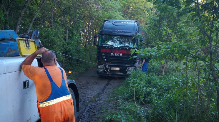 Így próbálják menteni a kamiont a mocsárból /Fotó: Blikk