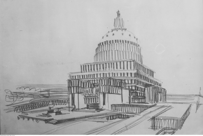 Szkic autorstwa architekta Czesława Przybylskiego przedstawiający projekt budowli Świątyni Opatrzności Bożej w Warszawie