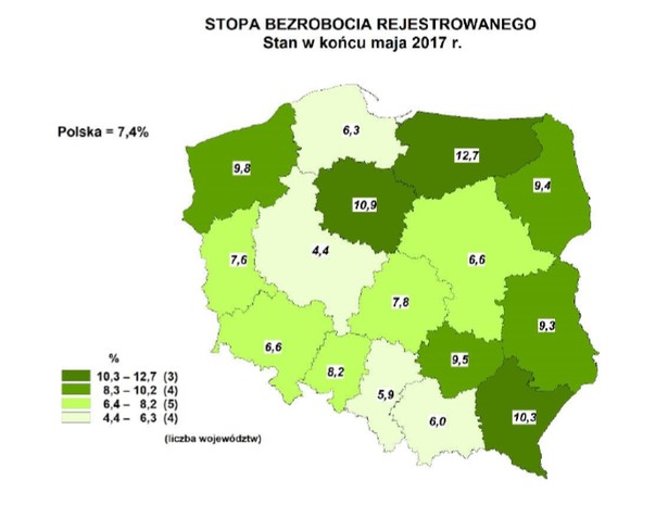 Stopa bezrobocia - maj 2017 - mapa, źródło: GUS