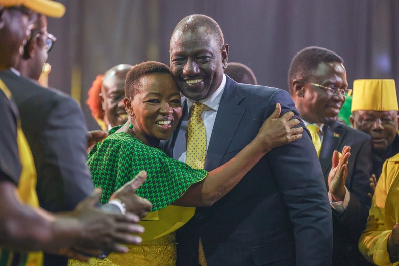 Deputy President  William Ruto and his wife Rachel Ruto during the launch of Kenya Kwanza Manifesto at Kasarani Stadium. 
