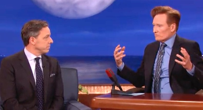 CNN's Jake Tapper, left, and host Conan O'Brien on TBS's Conan.