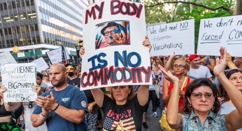 Protesters rally at a demonstration against COVID-19 vaccination mandates, Wednesday, Aug. 25, 2021, in New York.
