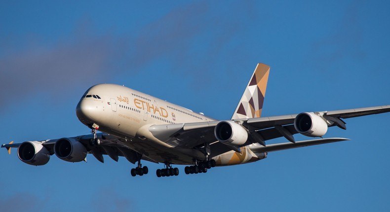 An Etihad Airbus A380 landing in London.