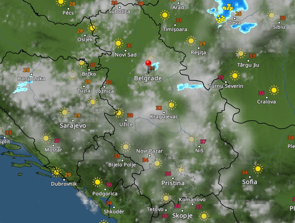 Kretanje padavina u Srbiji u 13 časova