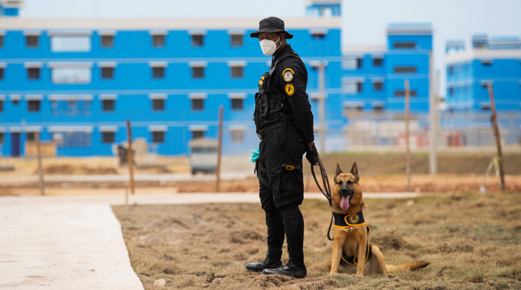 Kutyával járőröző őr egy dominikai börtön előtt / Fotó: EPA