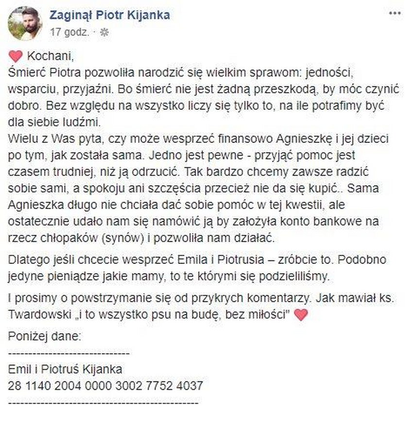 Zbierają pieniądze dla dzieci i żony Piotra Kijanki