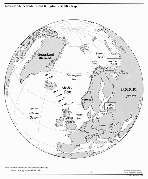 Obszar GIUK Gap (Brama GIUK). Mapa z 1983 roku. Źródło: https://www.cia.gov/csi/monograph/coldwar/pg9.gif, https://commons.wikimedia.org/w/index.php?curid=1663941