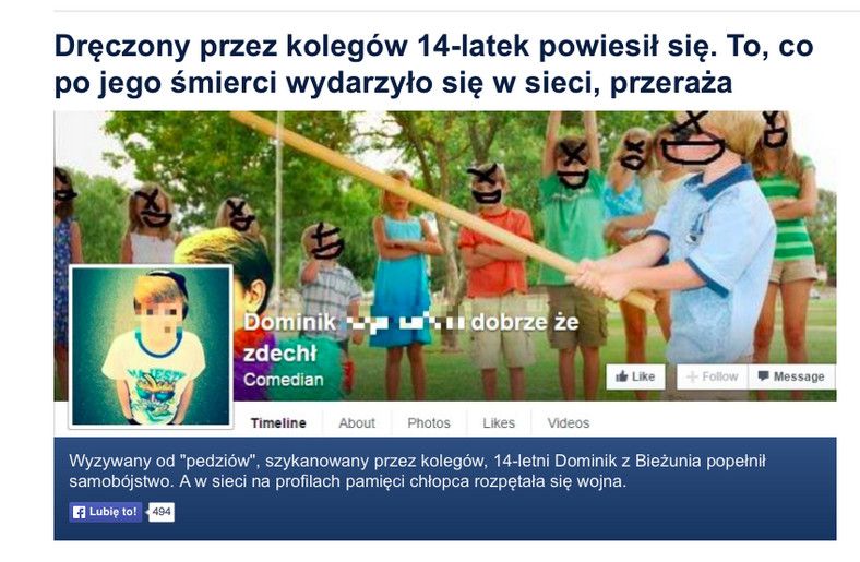 Artykuł w mediach po śmierci Dominika, fot. screen z gazeta.pl