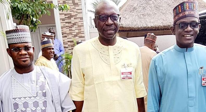 R-L: Gov. Mai Mala Buni, Chairman All Progressives Congress (APC), Caretaker and Extra-Ordinary National Convention Planning Committee, APC governorship candidate in Edo, Pastor Osagie Ize-Iyamu and Kogi state Governor, Yahaya Bello. [Twitter/@DeeOneAyekooto]