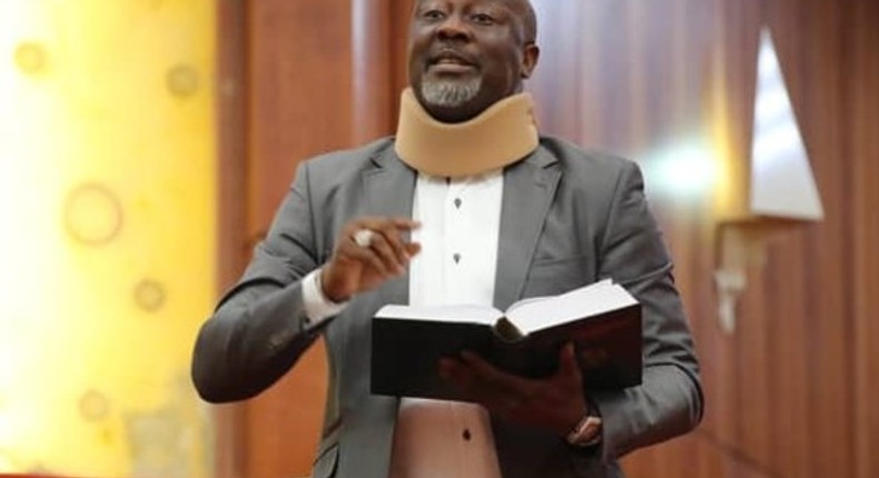 Senator Dino Melaye returned to plenary in neck brace after police trouble in April 2018