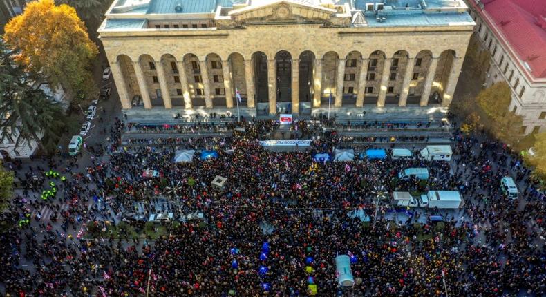 Tens of thousands of protesters gathered outside parliament on Monday