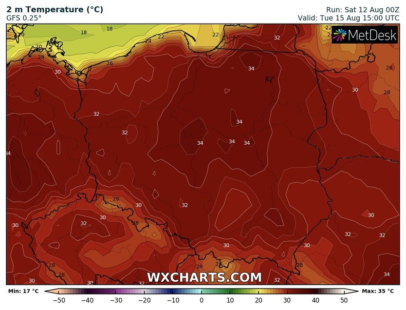 We wtorek na przeważającym obszarze odnotujemy 33-35 st. C