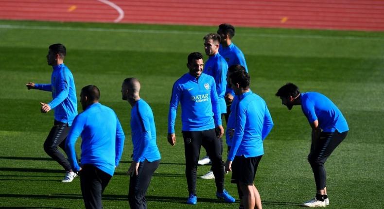 Carlos Tevez with his Boca Juniors teammates at a training session at the Spanish Football Federation (RFEF) headquarters in Las Rozas, Madrid