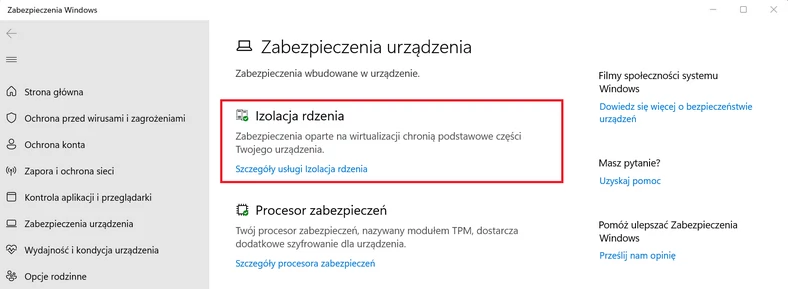 Windows 11 – Zabezpieczenia urządzenia – włączona wirtualizacja