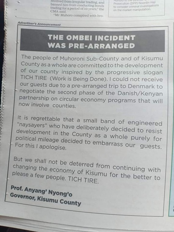 Anyang Nyong’o buys newspaper advert to apologise for Raila heckling in Kisumu 