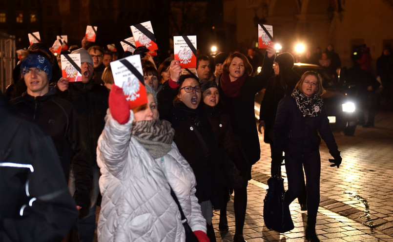 Kilkunastoosobowa grupa demonstrantów z KOD z egzemplarzami konstytucji