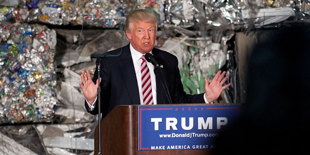 Presumptive Republican presidential candidate Donald Trump speaks to guests during a policy speech during a campaign stop at Alumisource on June 28 in Monessen, Pennsylvania.