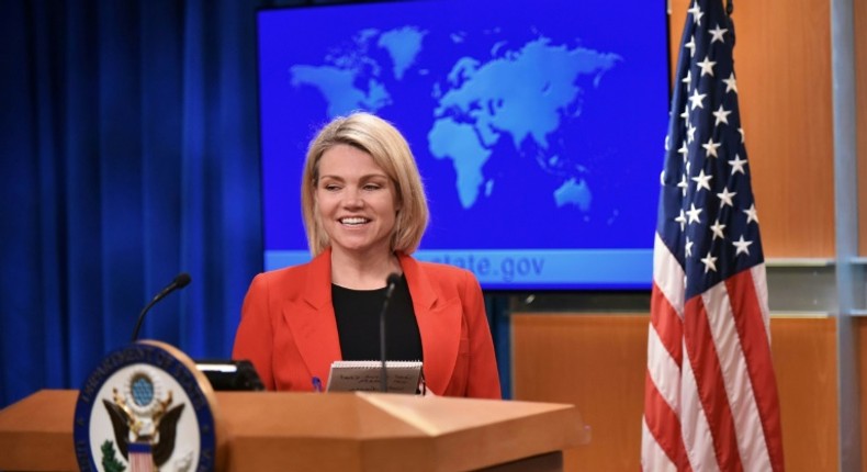 US State Department spokeswoman Heather Nauert speaks from the podium in May 2018