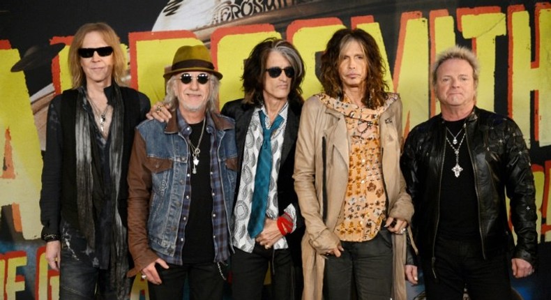 L-R: Musicians Tom Hamilton, Brad Whitford, Joe Perry, Steven Tyler and Joey Kramer of Aerosmith will start a farewell tour on May 17, 2017 in Tel Aviv