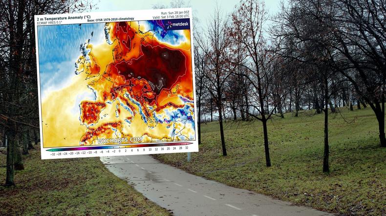 Zapowiada się niezwykle ciepły przełom stycznia i lutego (mapa: wxcharts.com)