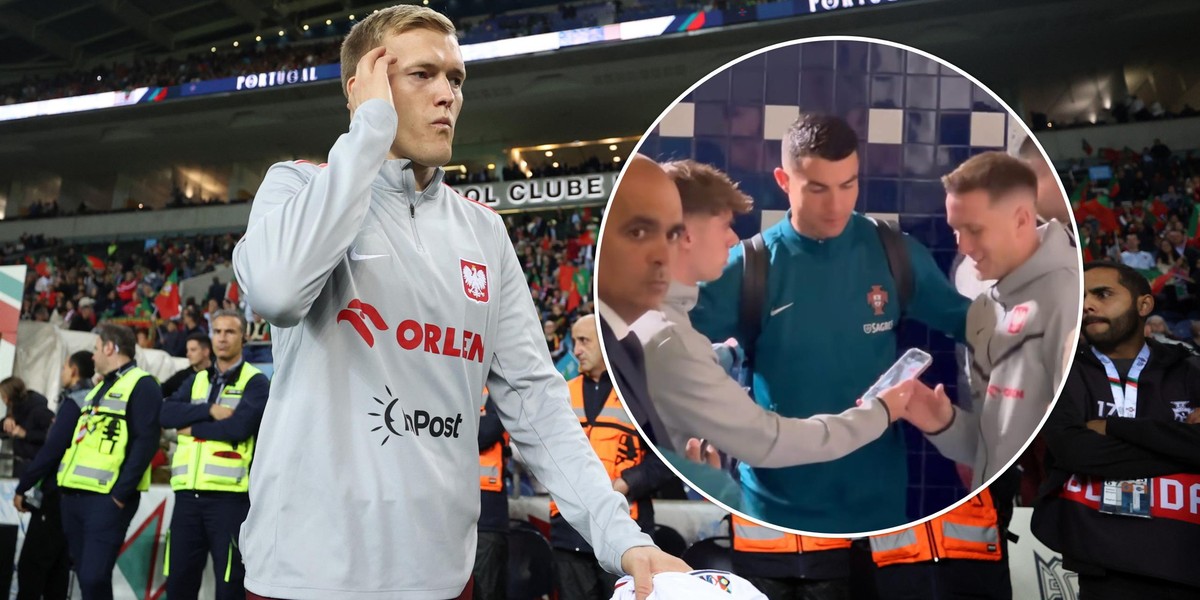 Piłkarskie jaja w Porto. Niezgłoszony do protokołu meczowego Karol Świderski wraca na ławkę, a Piotr Zieliński i Nicola Zalewski jak kibice, proszą Cristiano Ronaldo o wspólną fotkę.