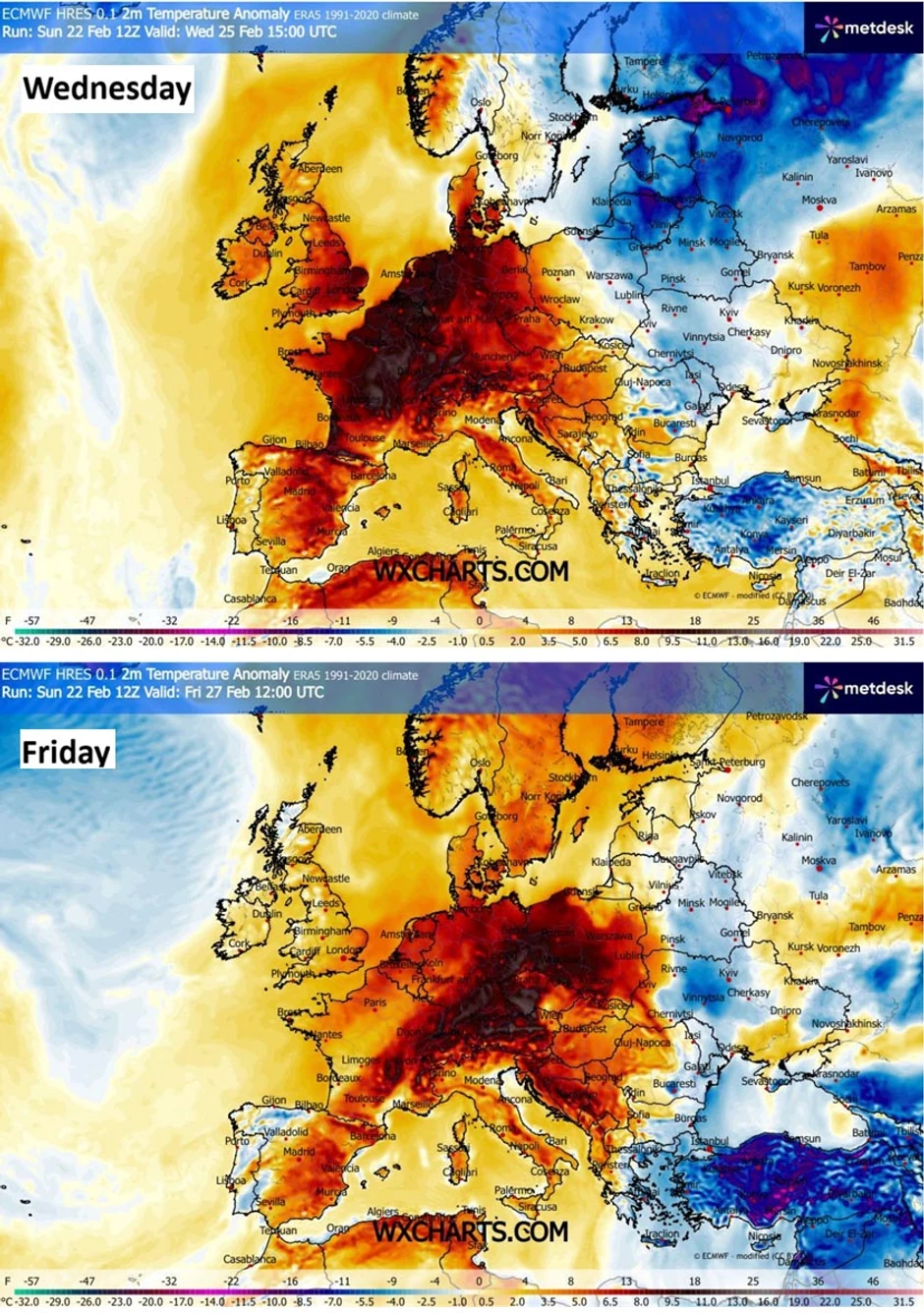 Mapa temperaturnih anomalija za sredu i petak
