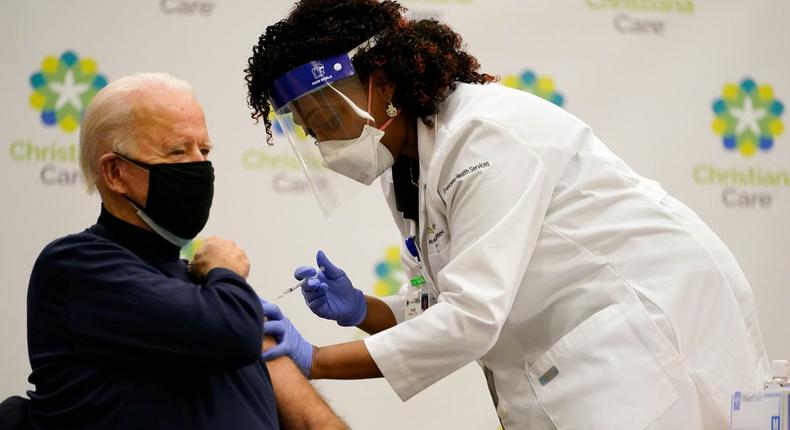 President-elect Joe Biden receives his first dose of the coronavirus vaccine at Christiana Hospital in Newark, Delaware on December 21, 2020.