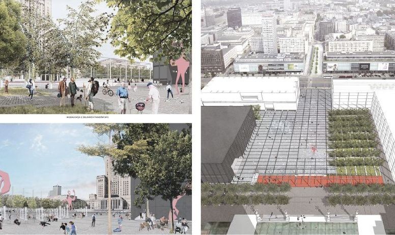 Projekt to dwie uzupełniające się przestrzenie – górnego placu przy wejściu głównym do PKiN oraz dolnego placu przy nowopowstających budynkach teatru oraz muzeum sztuki. Na krawędzi tych przestrzeni jest czerwona posadzka, gdzie zlokalizowano „obiekt centralny”- miejsce na działania artystyczne, zmienny pawilon architektoniczny dopełniający kulturalny program placu. W dolnej części placu przy projektowanych budynkach teatru TR i muzeum MSN zaproponowano fontannę tryskającą z posadzki placu. W części południowej zaprojektowano zielone tarasy.
<br>
Część placu przy wejściu głównym do Pałacu Kultury i Nauki ma przejść jedynie niewielkie zmiany polegające na przeniesieniu tam znajdujących obecnie na środku placu kandelabrów, wydzieleniu większych niż obecnie trawników oraz drzew. Część placu położona przy wejściu głównym do Pałacu Kultury i Nauki jest wyżej niż główna część placu, która jest na wysokości ulicy Marszałkowskiej i parterów projektowanych budynków teatru i muzeum. Różnicę wysokości pokonuje się przez pochylnie przy zielonych tarasach oraz schody przewidziane przy czerwonym pasie posadzki.