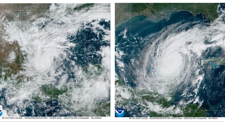 This side-by-side shows Milton's rapid evolution from a tropical storm on Saturday (left) into a Category 5 on Monday (right).CIRA/NOAA