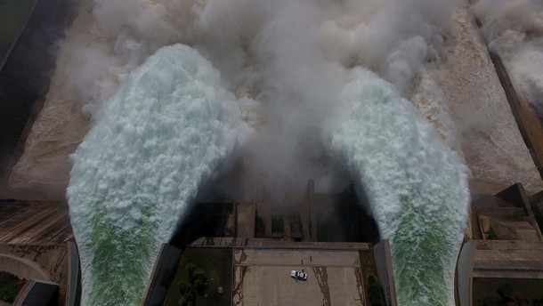 Water gushes from a section of Xiaolangdi Reservoir on the Yellow River, Henan province