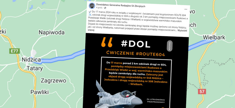 Droga na Mazurach już zamknięta, m.in. przez F-16. Wiadomo, do kiedy potrwają utrudnienia