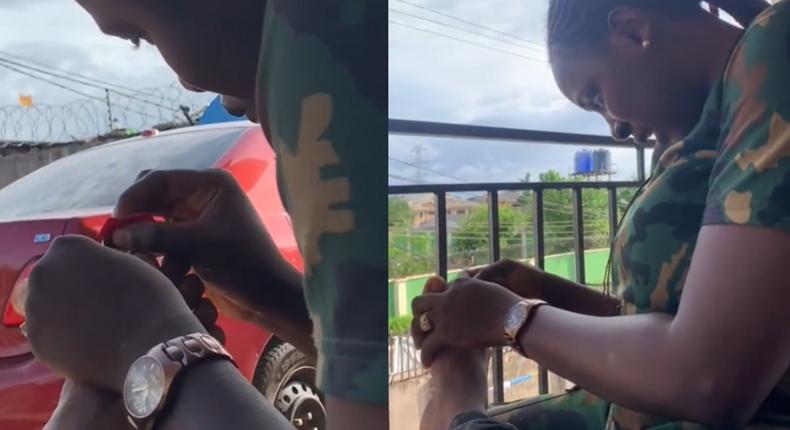 Female soldier romantically cuts civilian husband's toenails, netizens react