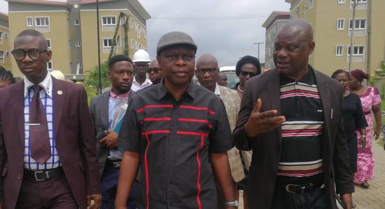 L-R: Director, Administration and Human Resources, Mr James Shadare, Permanent Secretary, Lagos State Ministry of Housing, Mr Wasiu Akewusola and Director of Architecture and Buildings Services, Mr Bamidele Ibitoye during inspection of LAGOSHOMS Housing Scheme, Igando on Tuesday. [NAN]