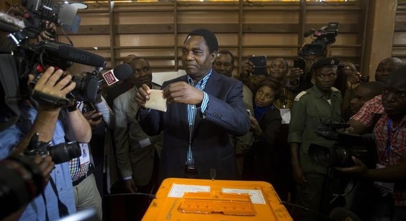 United Party for National Development (UPND) Presidential candidate Hakainde Hichilema casts his ballot at a voting station in Lusaka, January 20, 2015. 