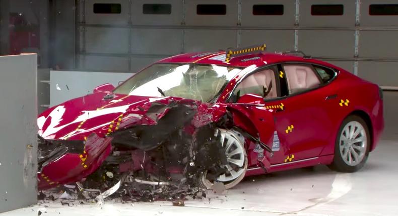 A Tesla Model S, post-crash.