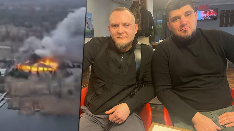 Aleksander Fartuna (z lewej) i Denis Nikitin (z prawej) z RDK oraz efekt ich ataku na rosyjskie pozycje za Dnieprem.