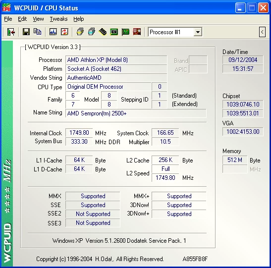 Aby się ostatecznie przekonać o możliwościach Semprona skorzystaliśmy z najnowszej wersji WCPUID (3.3), która jednak nie podała prawidłowej nazwy procesora. Sięgnęliśmy też po program CPU-Z, jednak również on nie był w stanie pokazać prawidłowo nazwy procesora mimo, że użyta wersja (1.24) datowana jest na połowę września.