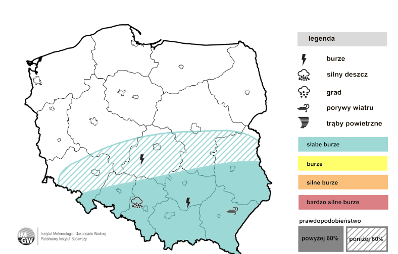 W nocy burze możliwe są na południu, ale będą coraz słabsze