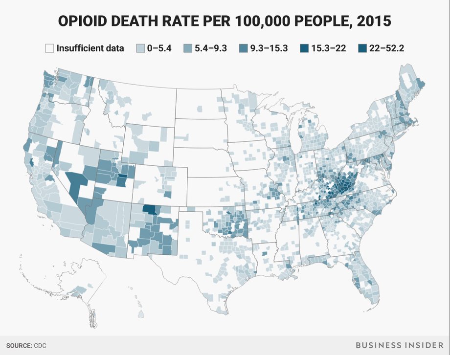 The rate of opioid deaths is now the same between rural, urban, and suburban counties, however the places most affected by the crisis remain rural areas.