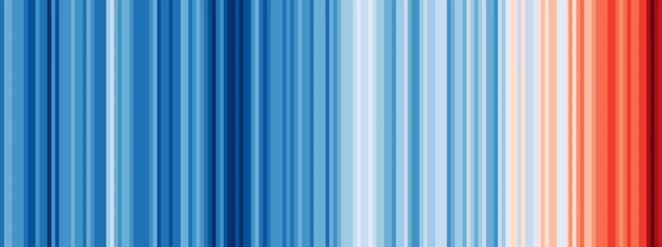 Prugasta grafika pokazuje zagrevanje od 1850-2018. Plave pruge predstavljaju hladnije godine, dok su najtoplije one tamnocrvene