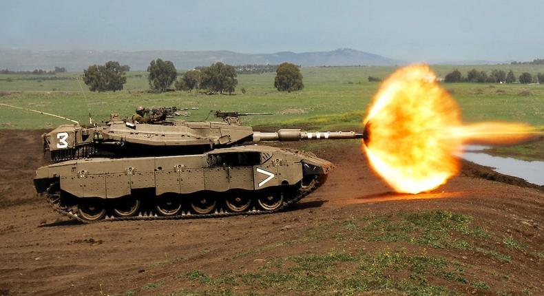 An Israeli Merkava tank trains in the Golan Heights in March 2008.Israel Defense Forces/Neil Cohen
