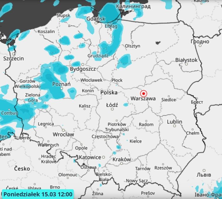 Przewidywane przez IMGW opady w poniedziałek 15.03.2021 o godz. 12